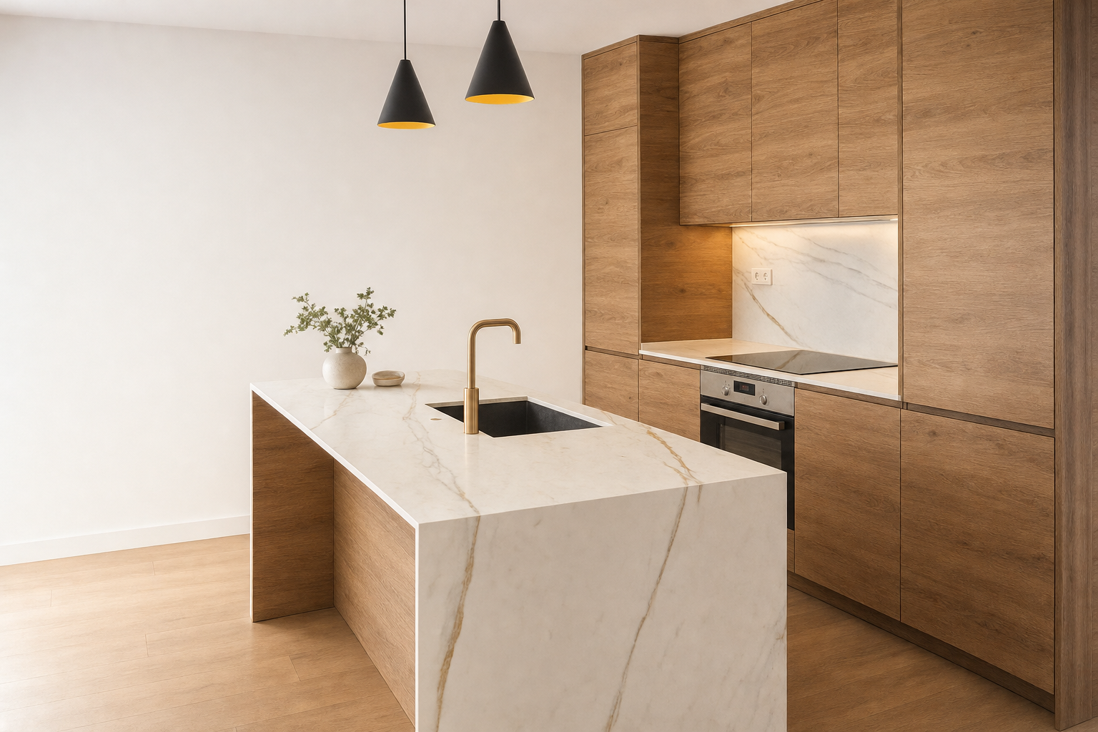 Reforma integral con cocina de roble e isla de mármol en Madrid